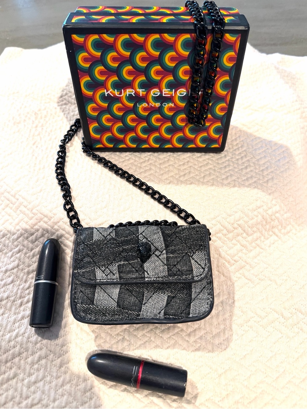 Kurt Geiger Micro Mini Kensington Denim Patchwork Black Chain Crossbody Bag &Box - Picture 2 of 10